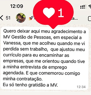 Aluna agradece a MV pelo currículo ajustado e pela contratação